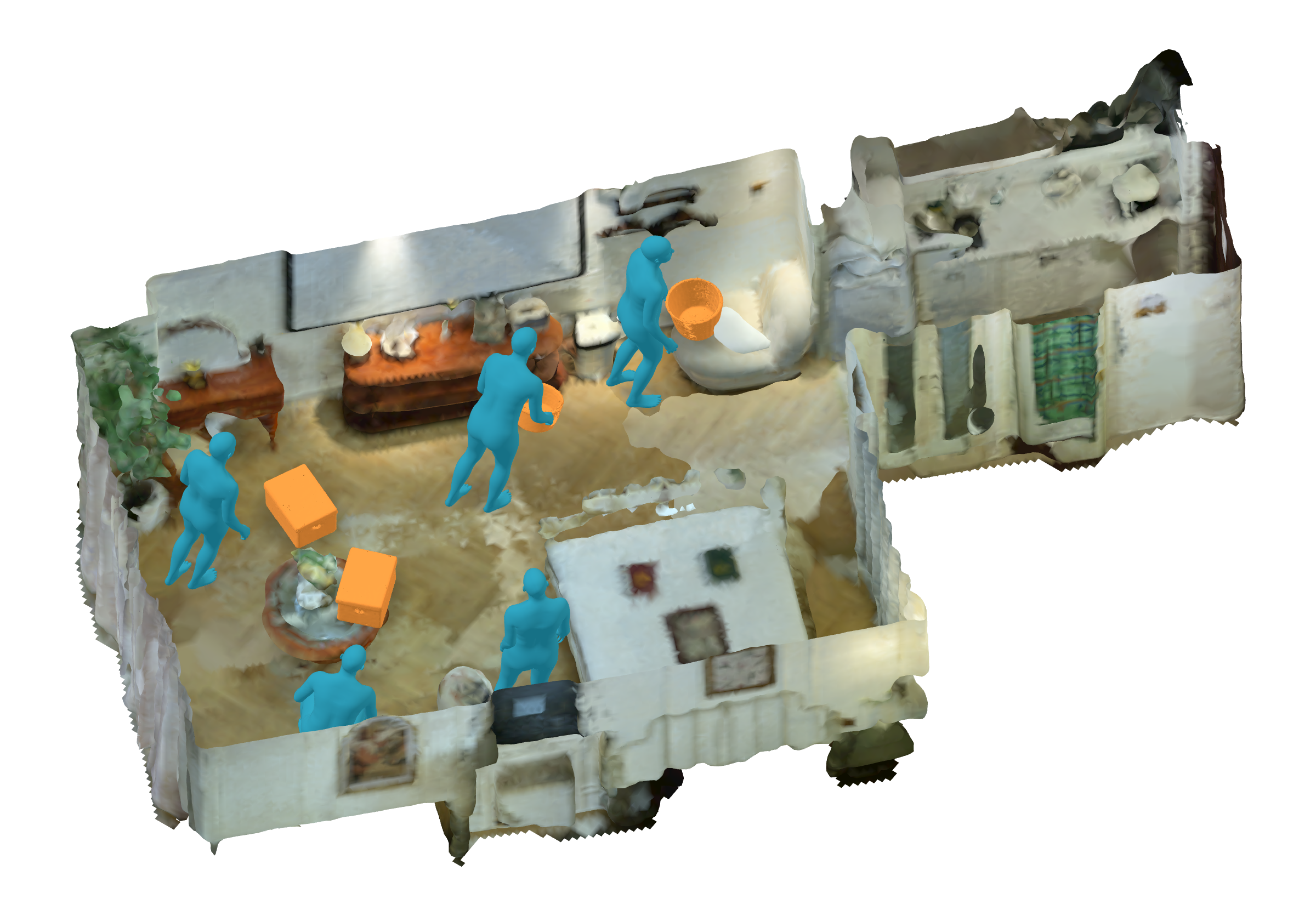 3D room with human-object interactions.