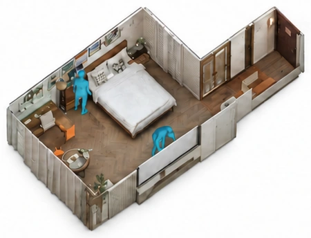Reconstructed indoor space with human-object interactions
