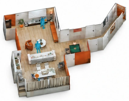 Reconstructed indoor space with human-object interactions